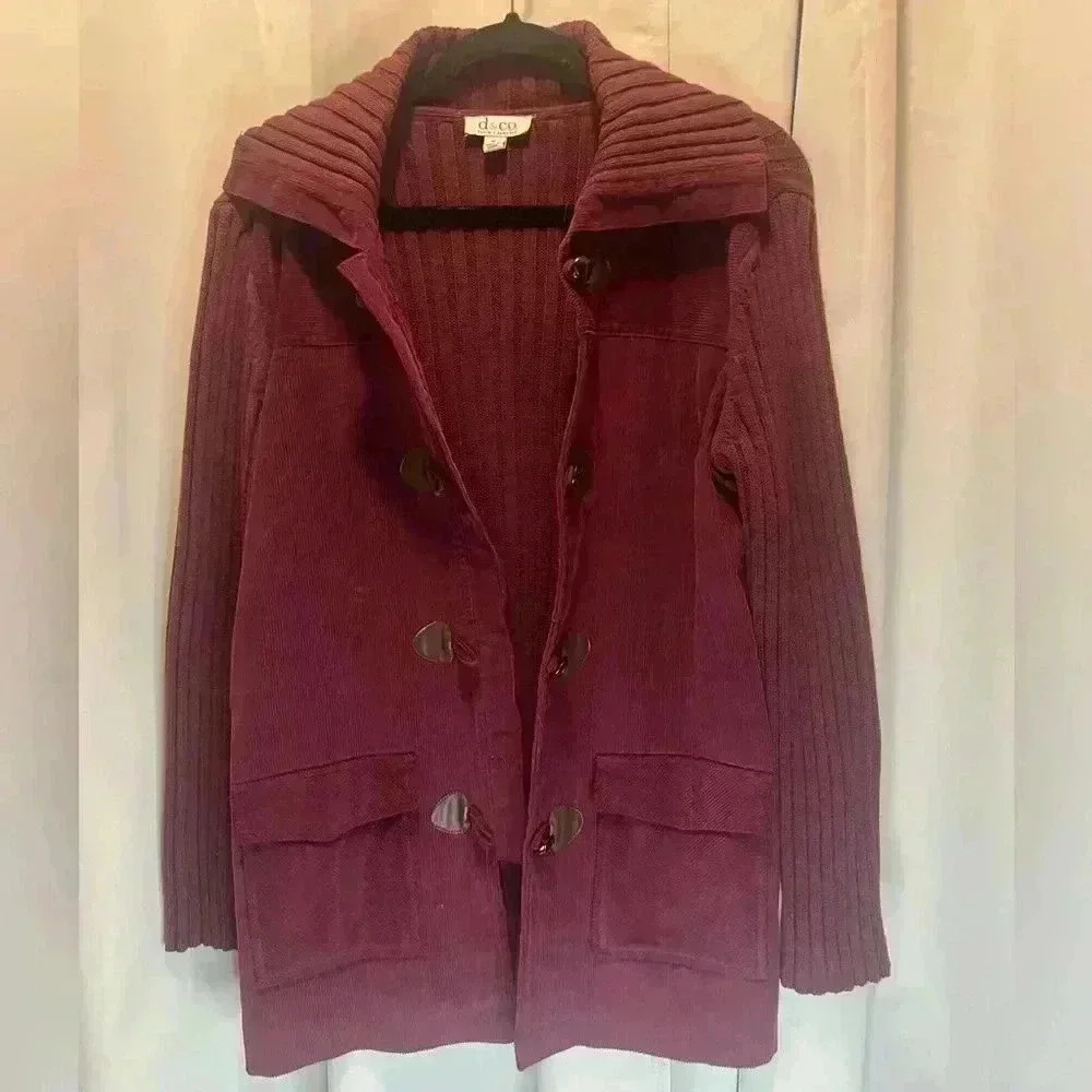 Vintage 90s Denim & Co Purple Collared Corduroy Knit Toggle Coat Medium - Picture 2 of 8